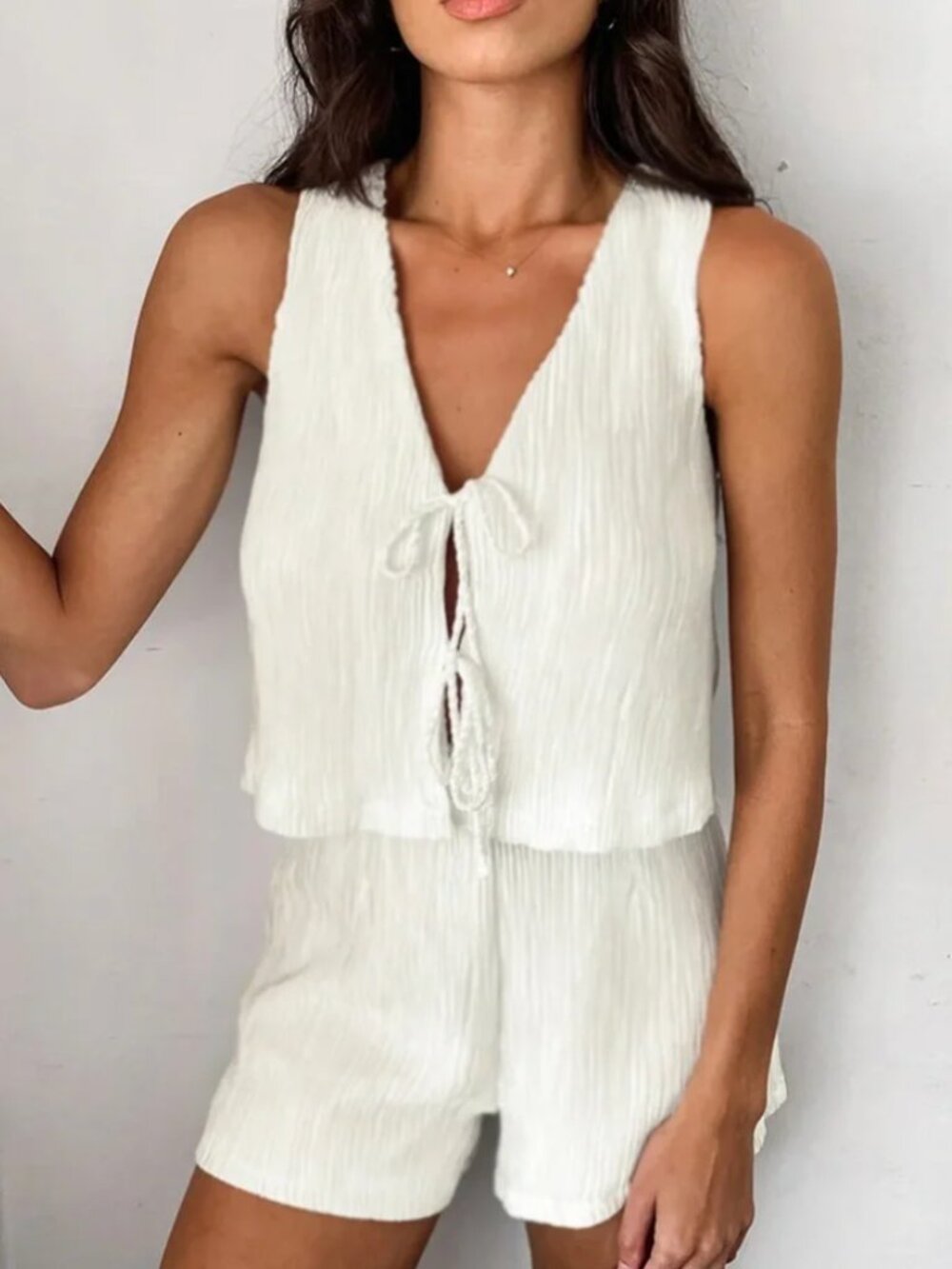 Commense Solid Tie Front Vest With Shorts Set